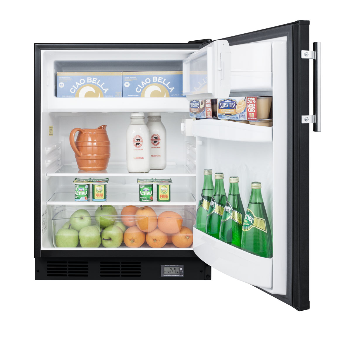 Counter height break room refrigerator-freezer in black with NIST calibrated thermometer and alarm